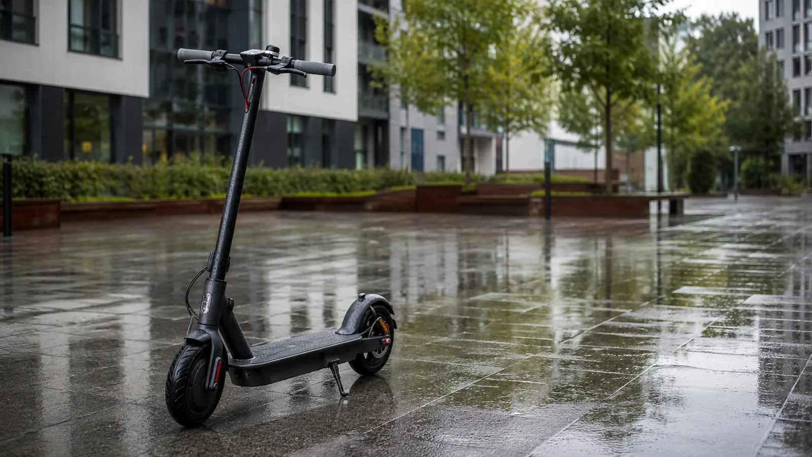 Schwarzer E-Scooter steht auf nasser, spiegelnder Pflasterfläche bei Regen in einem städtischen Innenhof
