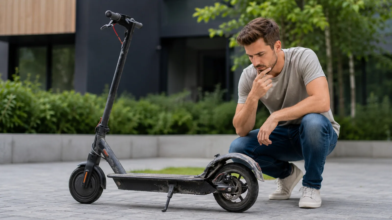 Mann betrachtet nachdenklich einen verschmutzten, beschädigten E-Scooter