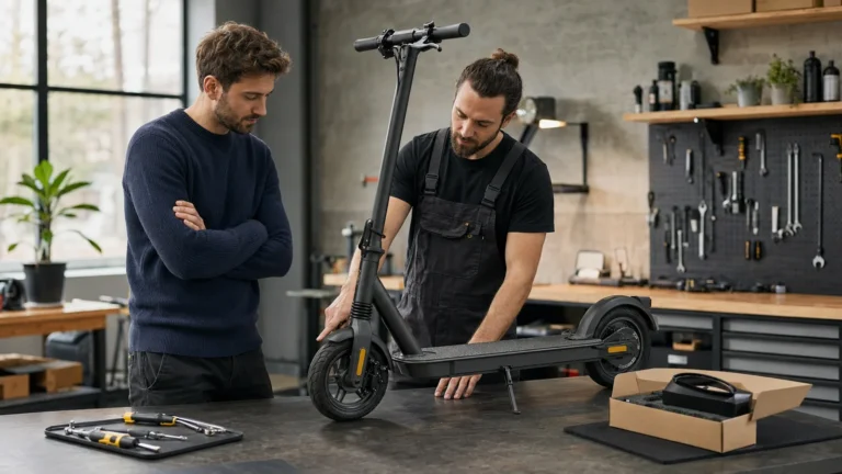 Kunde und Mechaniker begutachten einen E-Scooter in der Werkstatt