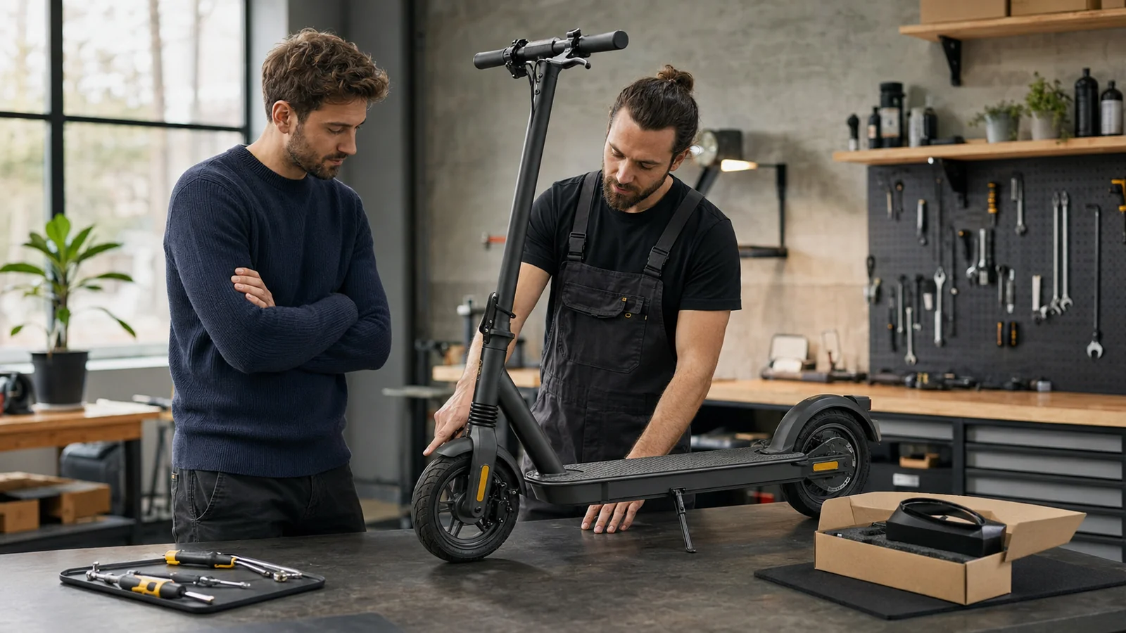 Kunde und Mechaniker begutachten einen E-Scooter in der Werkstatt