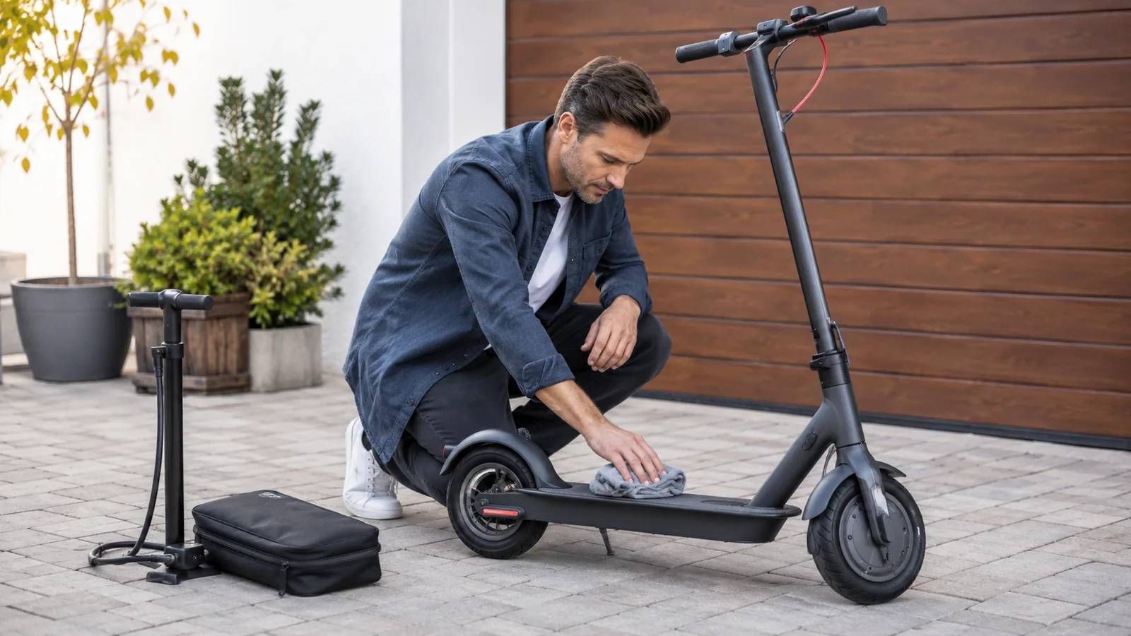 Mann reinigt und wartet kniend seinen E-Scooter mit Tuch, Pumpe und Werkzeugtasche daneben
