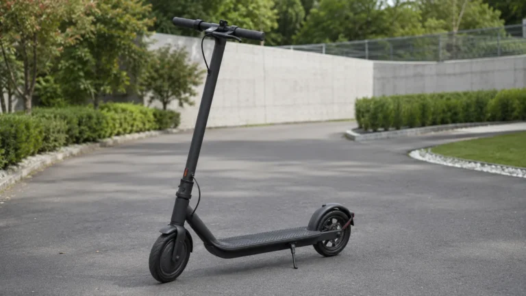 Markenneutraler schwarzer E-Scooter auf ruhiger privater Testfläche mit Hecken, allgemeiner Kontext ohne Fahrszene
