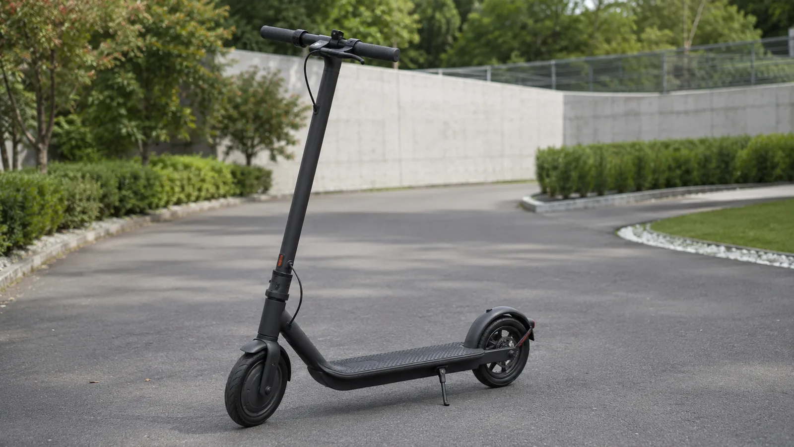 Markenneutraler schwarzer E-Scooter auf ruhiger privater Testfläche mit Hecken, allgemeiner Kontext ohne Fahrszene