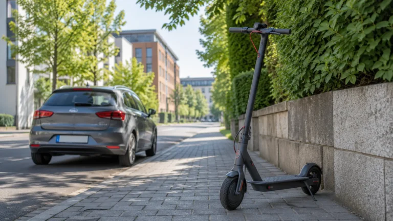 Schwarzer E-Scooter am Straßenrand neben parkendem Auto, sicher am Gehweg abgestellt
