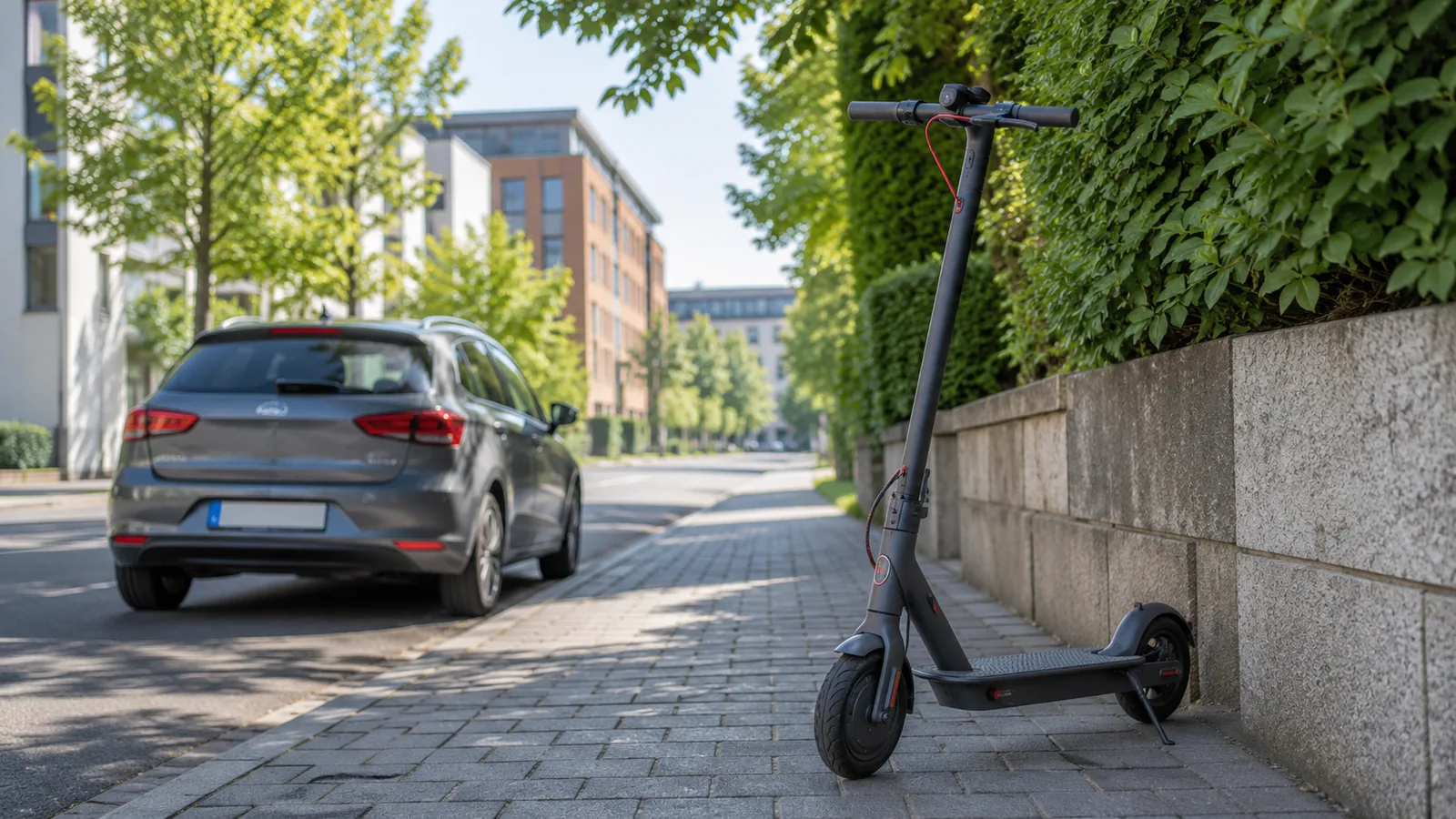 Schwarzer E-Scooter am Straßenrand neben parkendem Auto, sicher am Gehweg abgestellt