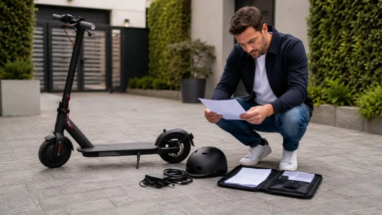 Mann liest kniend ein Dokument neben E-Scooter, Helm und geöffneter Unterlagenmappe
