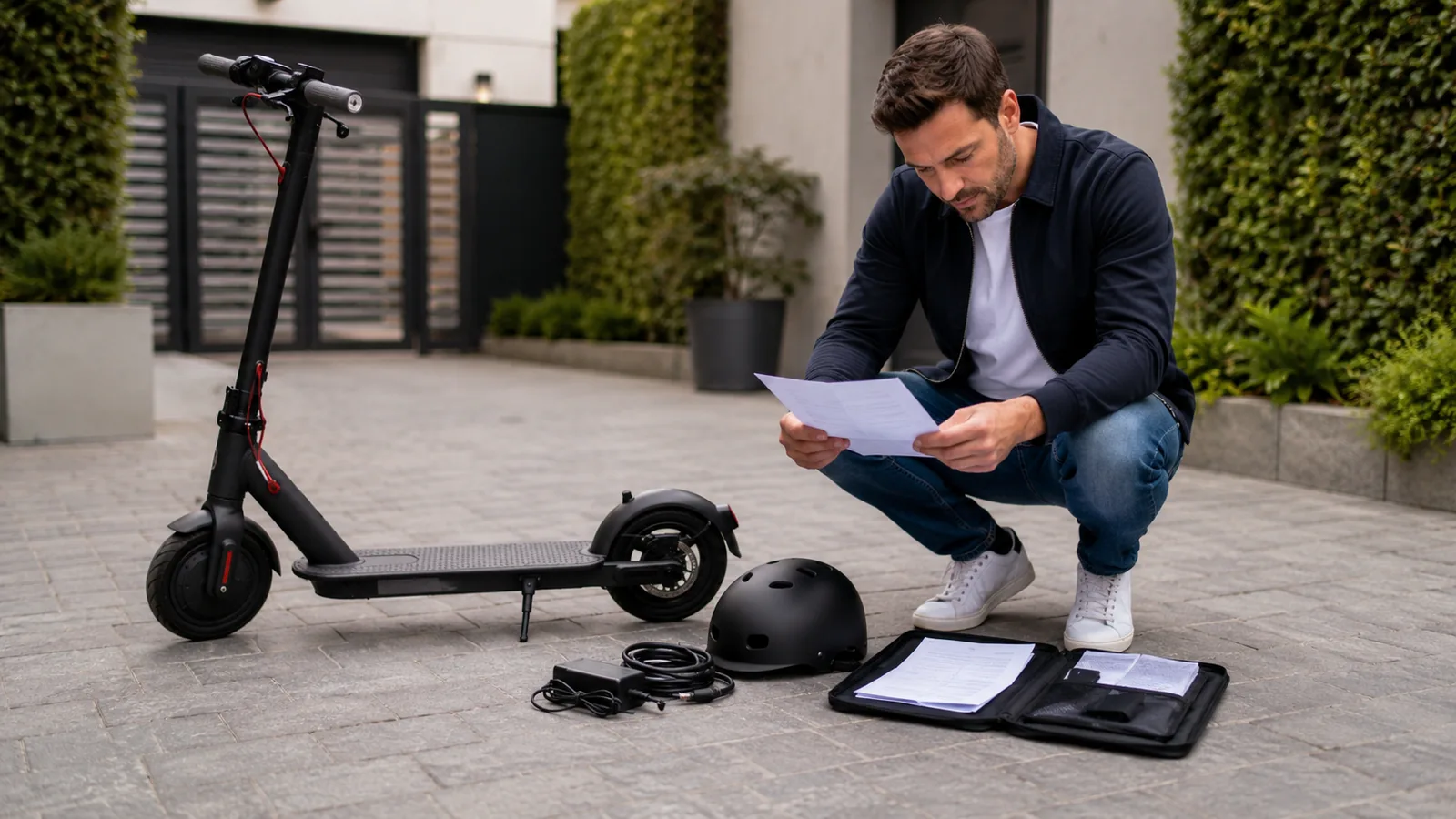 Mann liest kniend ein Dokument neben E-Scooter, Helm und geöffneter Unterlagenmappe