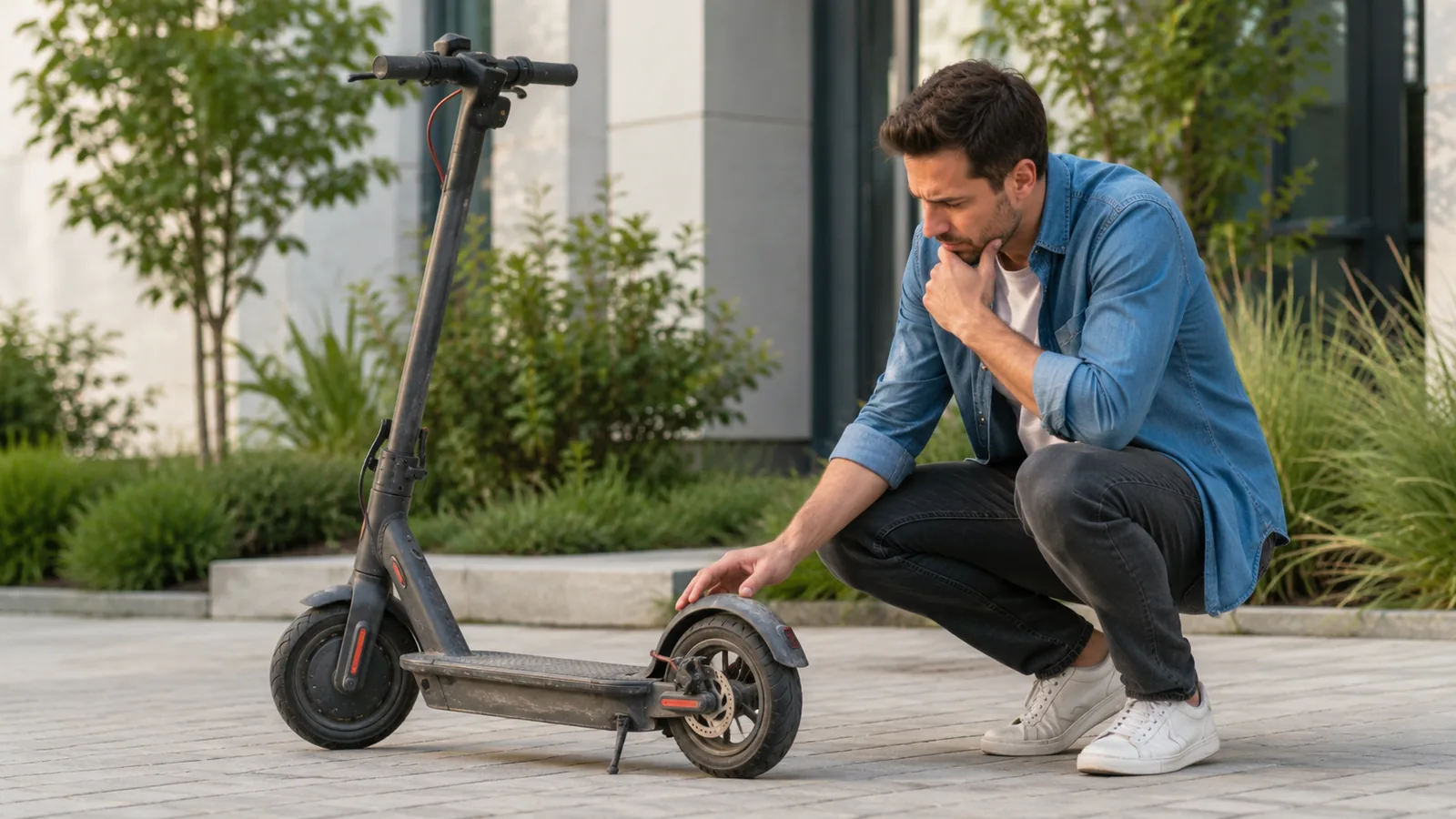 Mann betrachtet nachdenklich das Hinterrad eines gebrauchten E-Scooters vor Verkauf