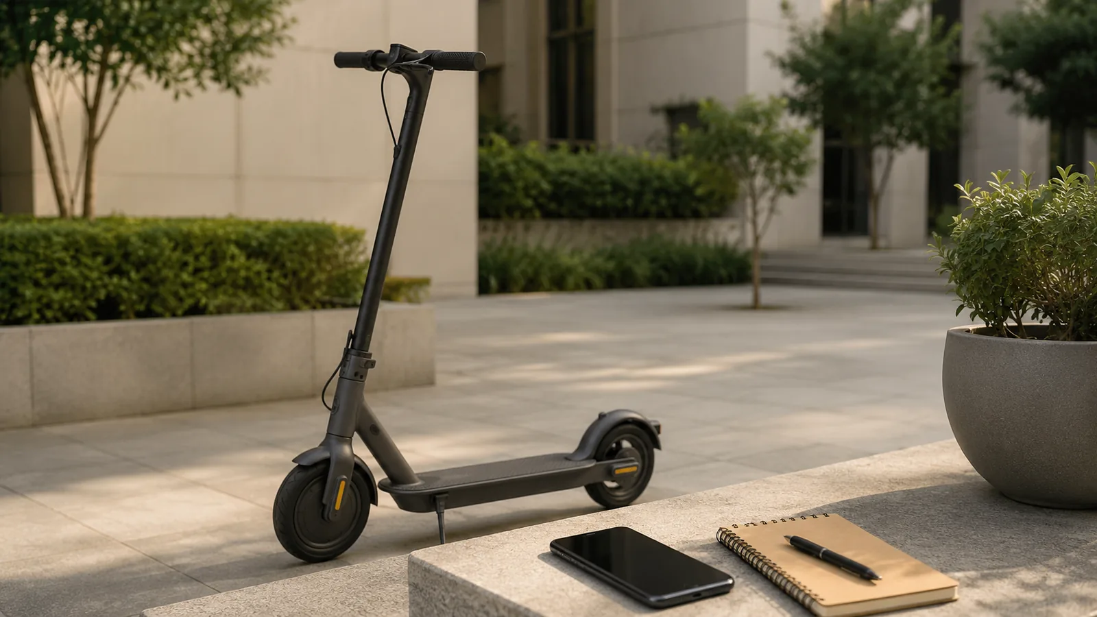 E-Scooter mit Smartphone und Notizblock auf neutralem Hof mit Ratgeber-Anmutung