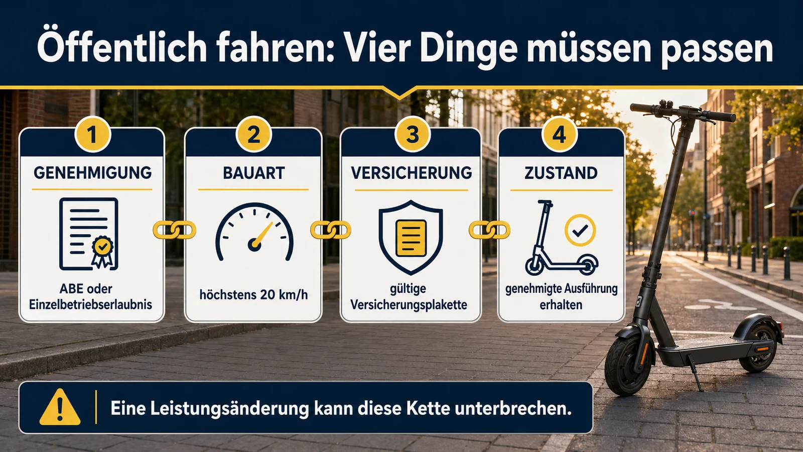 Infografik vier Voraussetzungen für den öffentlichen E-Scooter-Betrieb