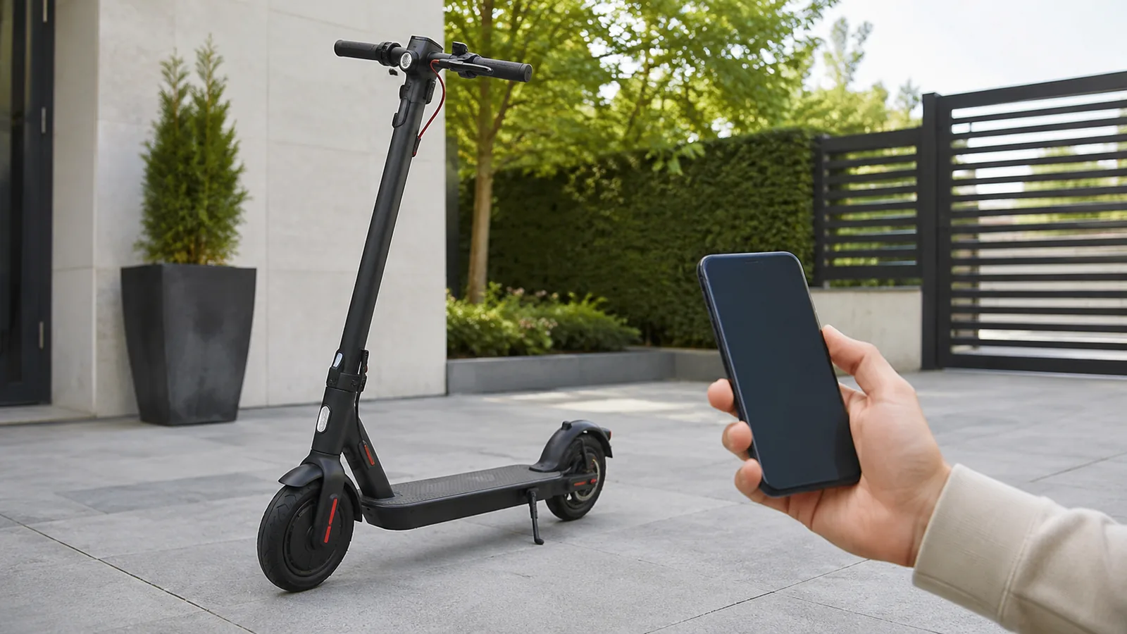 E-Scooter mit Smartphone in Hofszene ohne Einbau oder Werkstatt
