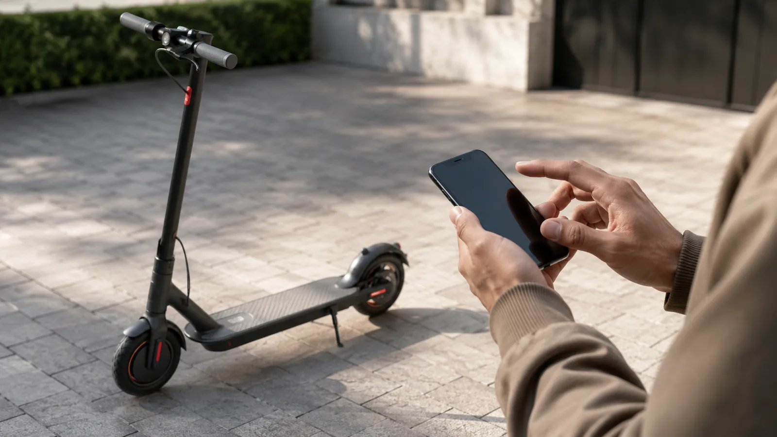 E-Scooter mit Smartphone auf neutralem Hof als Bedien- und Start-Situation