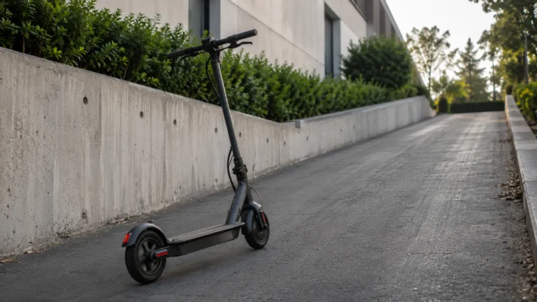 Schwarzer E-Scooter steht an einer leicht ansteigenden Hoframpe entlang einer Betonmauer und veranschaulicht bergauf auftretende Leistungsprobleme