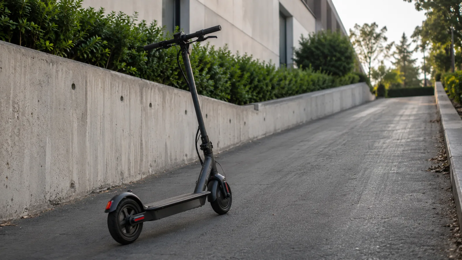 Schwarzer E-Scooter steht an einer leicht ansteigenden Hoframpe entlang einer Betonmauer und veranschaulicht bergauf auftretende Leistungsprobleme