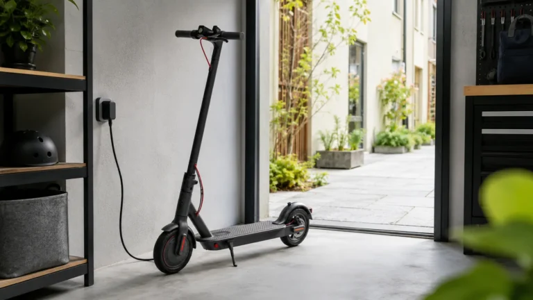 E-Scooter wird in einem geschützten Hofbereich geladen