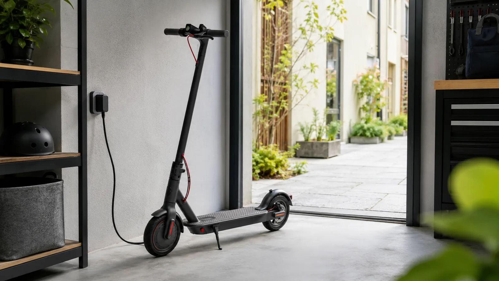 E-Scooter wird in einem geschützten Hofbereich geladen