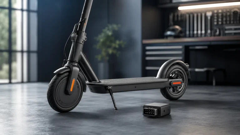 E-Scooter mit kleinem neutralem Chip-Modul daneben in Diagnose-Anmutung