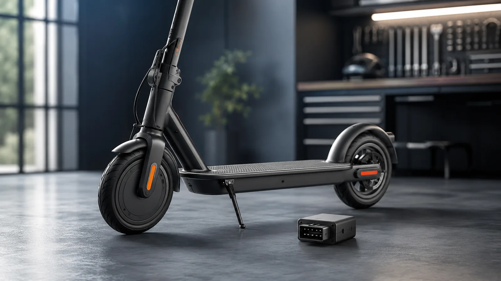 E-Scooter mit kleinem neutralem Chip-Modul daneben in Diagnose-Anmutung