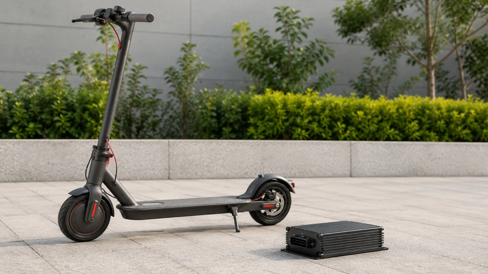 Mann hockt nachdenklich mit Smartphone neben E-Scooter auf Hof, schwaches Fahrgefühl