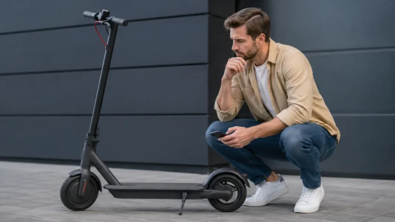 Mann hockt nachdenklich mit Smartphone vor schwarzem E-Scooter und prüft die Leistung