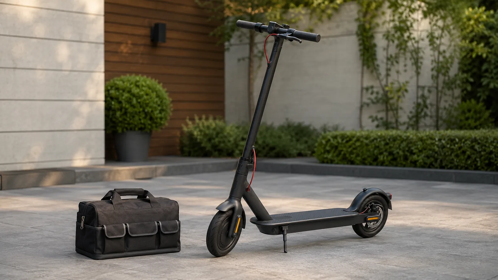 E-Scooter auf Hof neben geschlossener Werkzeugtasche, Frage ob Öffnen nötig, keine offenen Bauteile