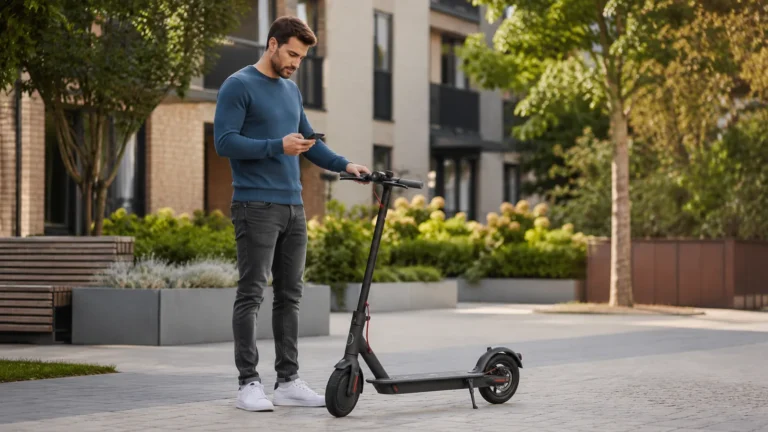 Mann prüft sein Smartphone an einem geparkten E-Scooter in ruhiger Wohnstraße