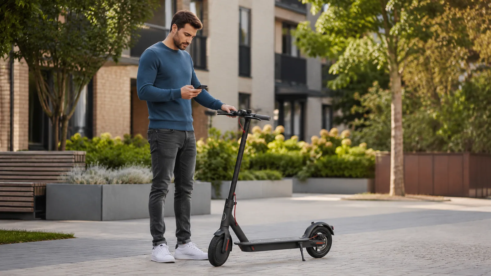 Mann prüft sein Smartphone an einem geparkten E-Scooter in ruhiger Wohnstraße