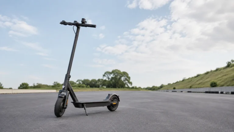 Schwarzer E-Scooter auf weiter privater Testfläche unter freiem Himmel, der die reale Leistungsfähigkeit sachlich zeigt