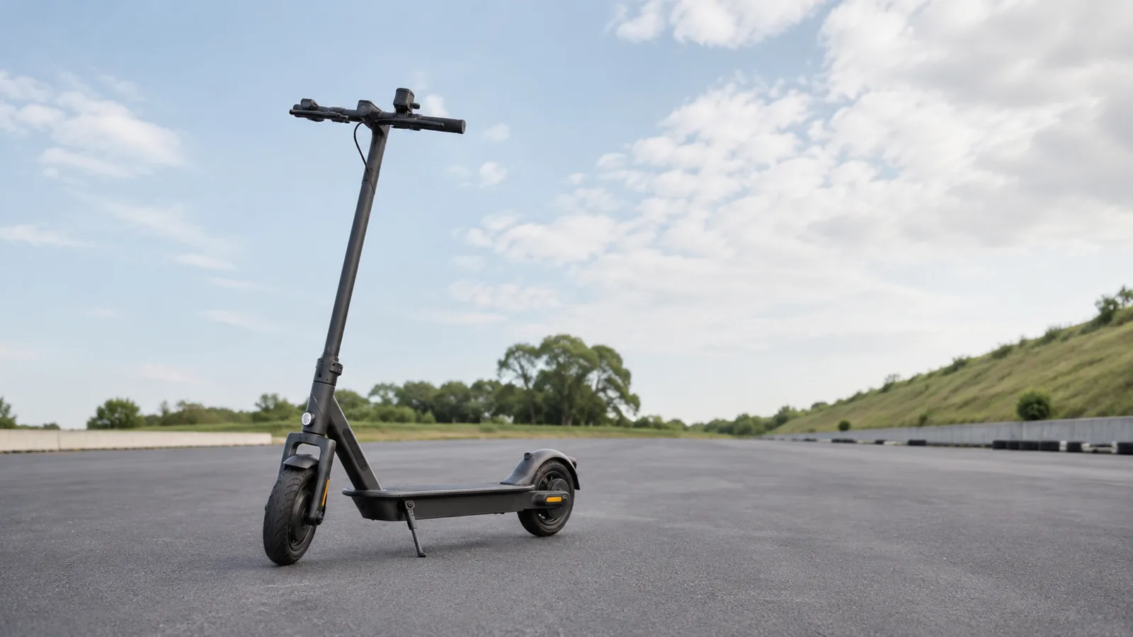 Schwarzer E-Scooter auf weiter privater Testfläche unter freiem Himmel, der die reale Leistungsfähigkeit sachlich zeigt