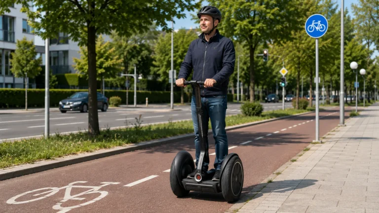 Klassischer selbstbalancierender Segway auf einer deutschen Radverkehrsfläche