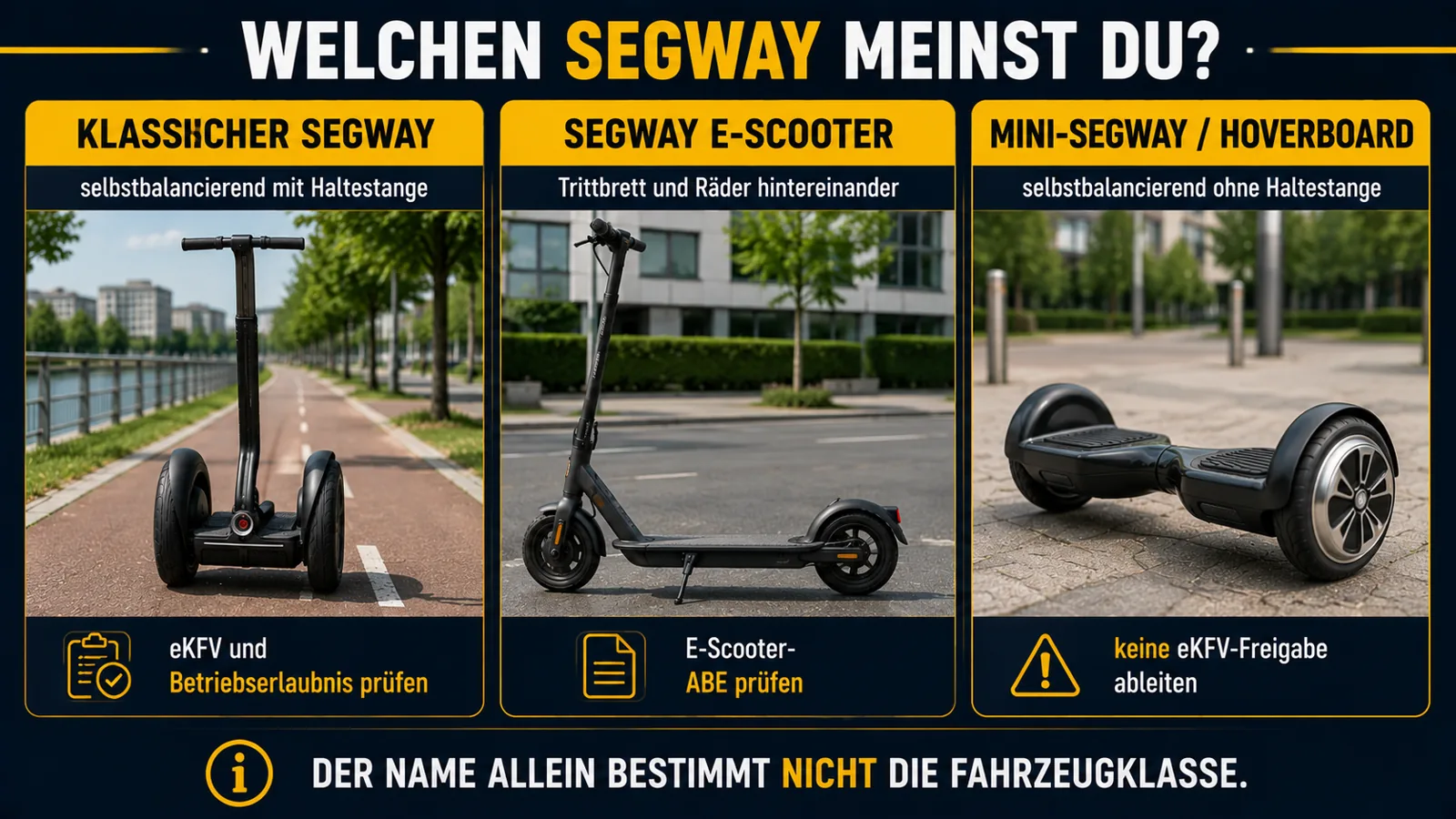 Klassischer Segway, Segway-E-Scooter und Hoverboard im Vergleich