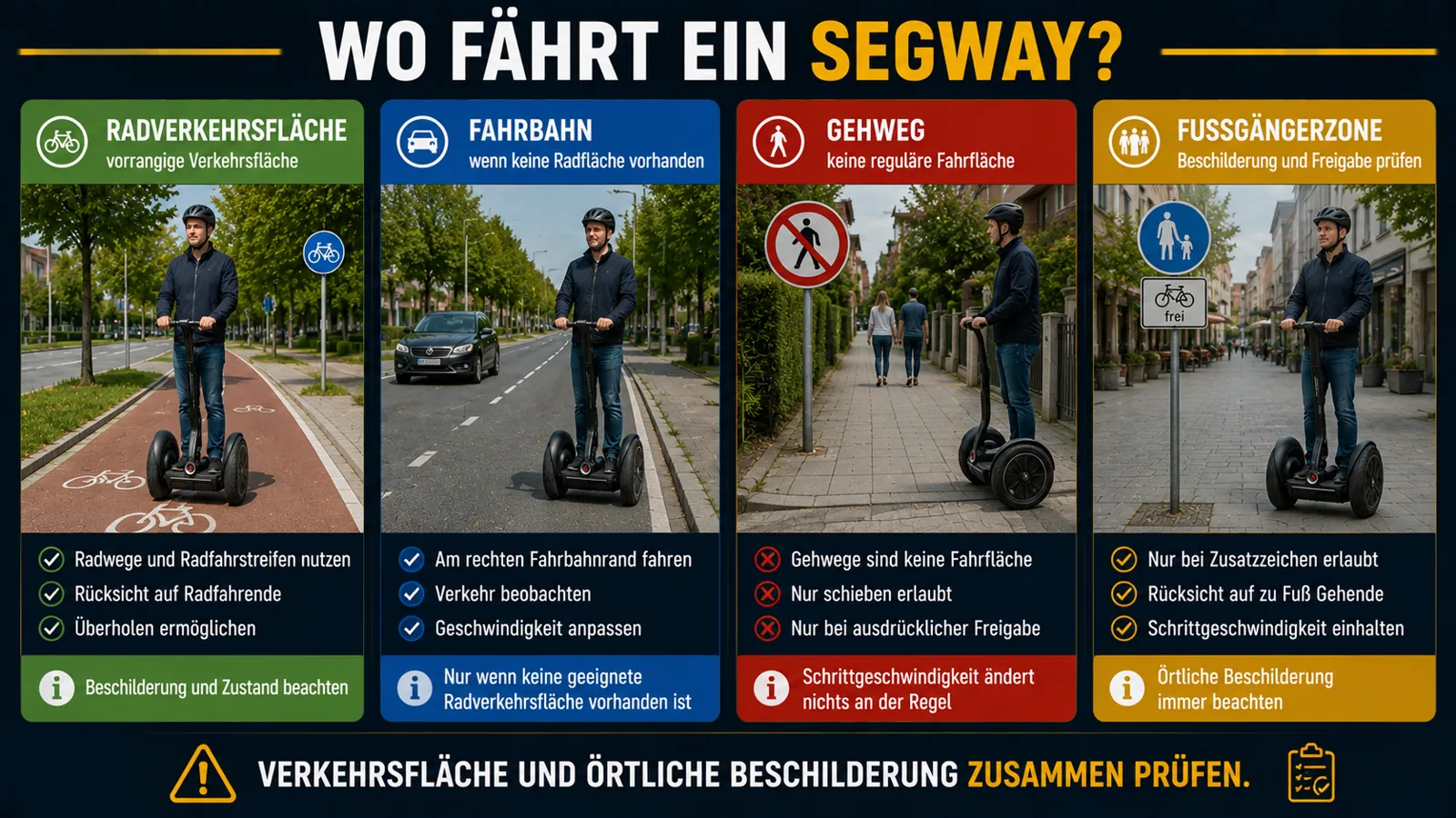 Radweg, Fahrbahn, Gehweg und Fußgängerzone für klassische Segways