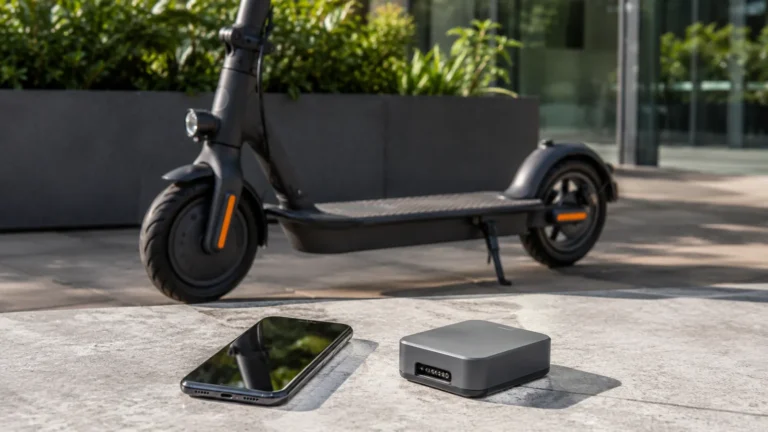 E-Scooter im Hintergrund, davor ein Smartphone neben einem neutralen grauen Technikmodul