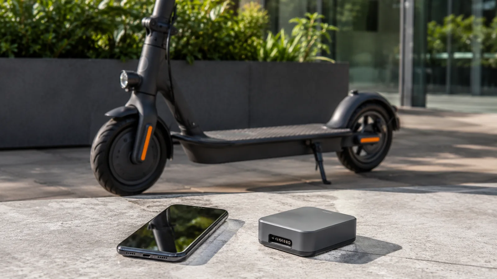 E-Scooter im Hintergrund, davor ein Smartphone neben einem neutralen grauen Technikmodul