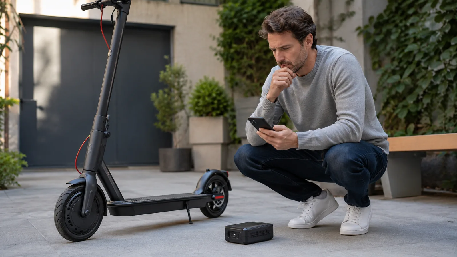 Person mit Smartphone und neutralem Technikmodul kniet neben E-Scooter in Entscheidungssituation