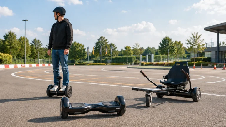 Self-Balancing Scooter mit Kniestange neben Hoverboard und Hoverkart auf einem abgesperrten Übungsgelände
