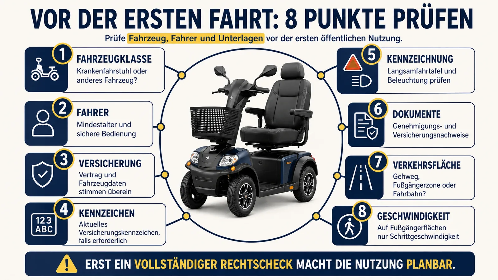 Infografik: Vor der ersten Fahrt 8 Punkte prüfen – Fahrzeugklasse, Fahrer, Versicherung, Kennzeichen, Kennzeichnung, Dokumente, Verkehrsfläche, Geschwindigkeit