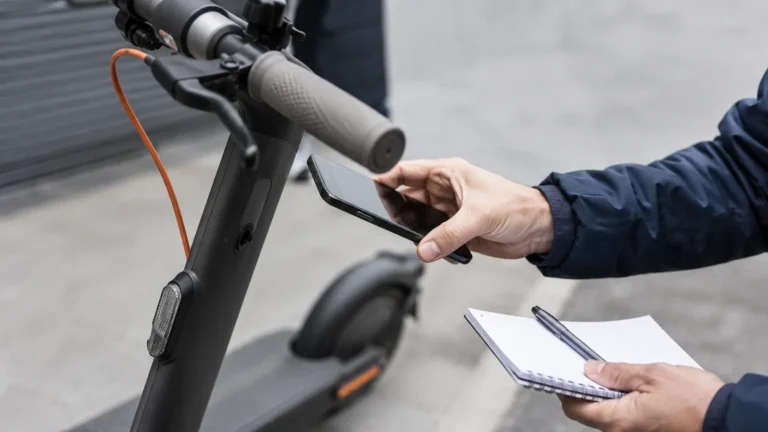 Person prüft am E-Scooter-Lenker mit Smartphone und Notizblock die Seriennummer, keine lesbaren Zeichen