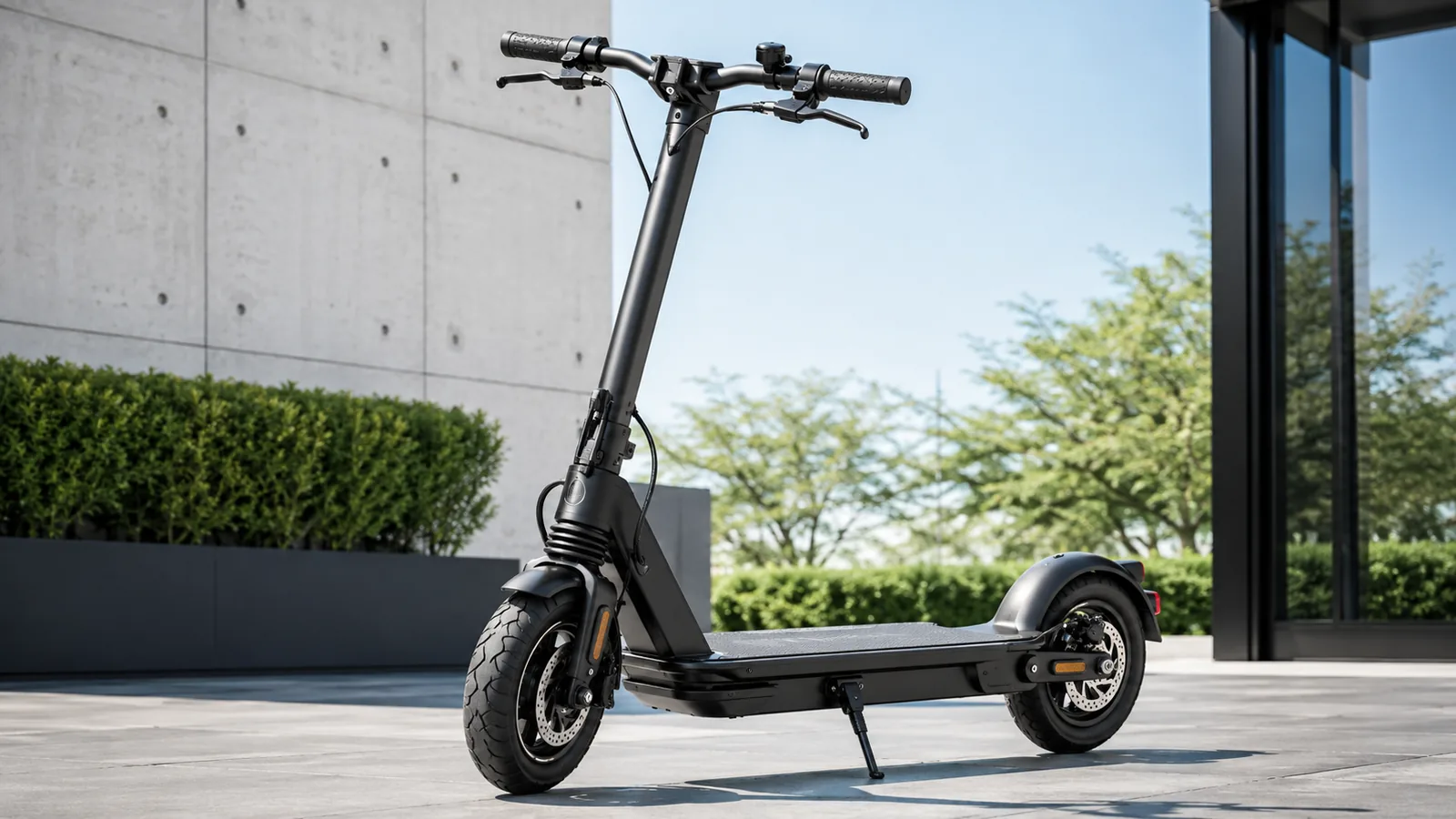Schwarzer E-Scooter mit breiten Reifen, Federung und Lenkerdetails auf sauberem Betonhof, Fokus auf Setup