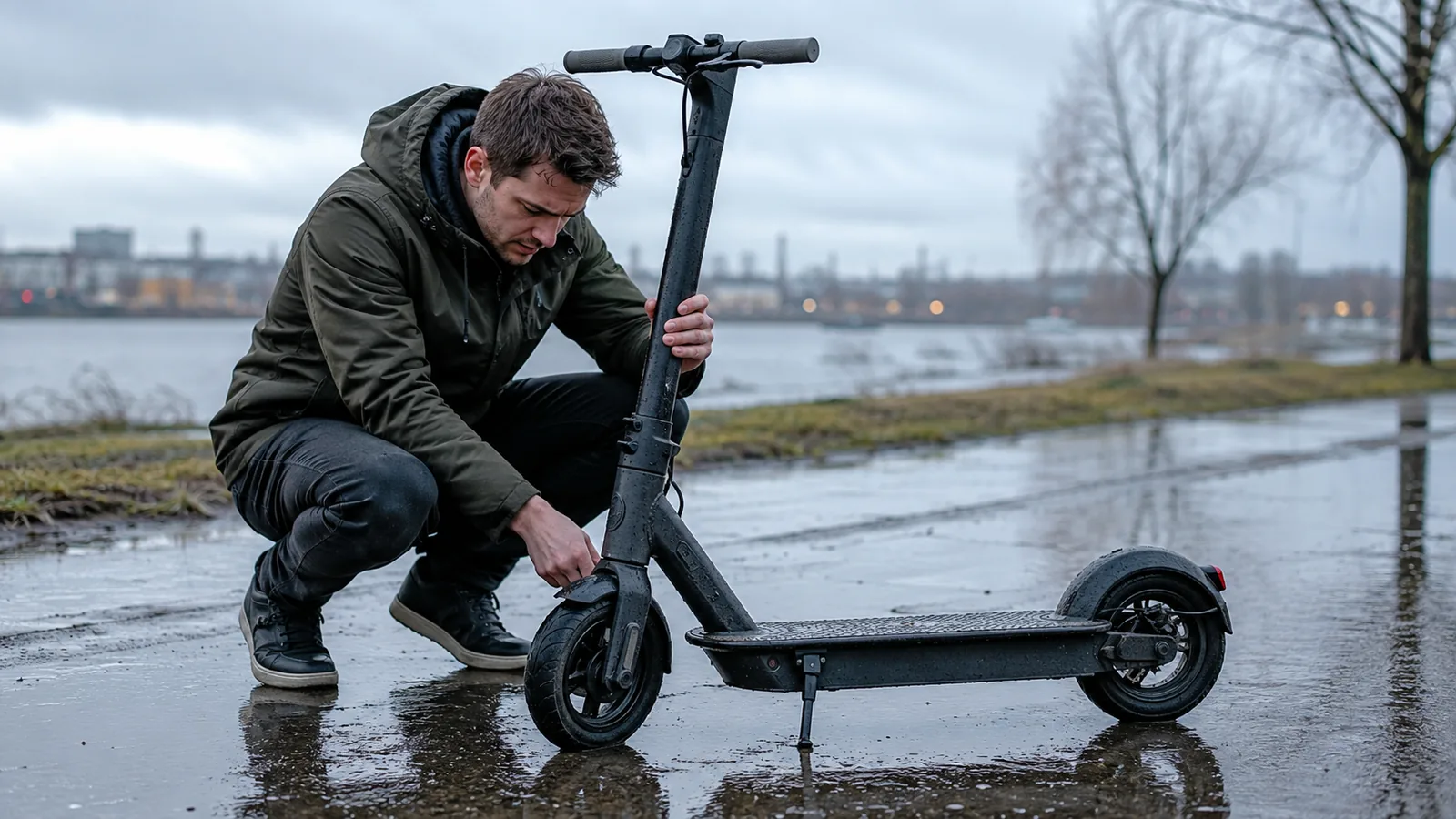 Mann untersucht einen nassen E-Scooter an einem regnerischen Flussufer mit trüber Stadtkulisse