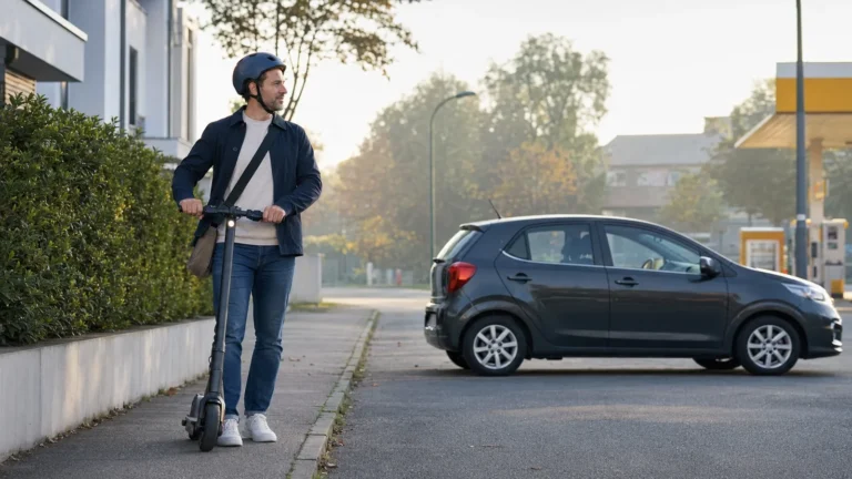 Mann auf einem E-Scooter neben einem Auto an einer Tankstelle
