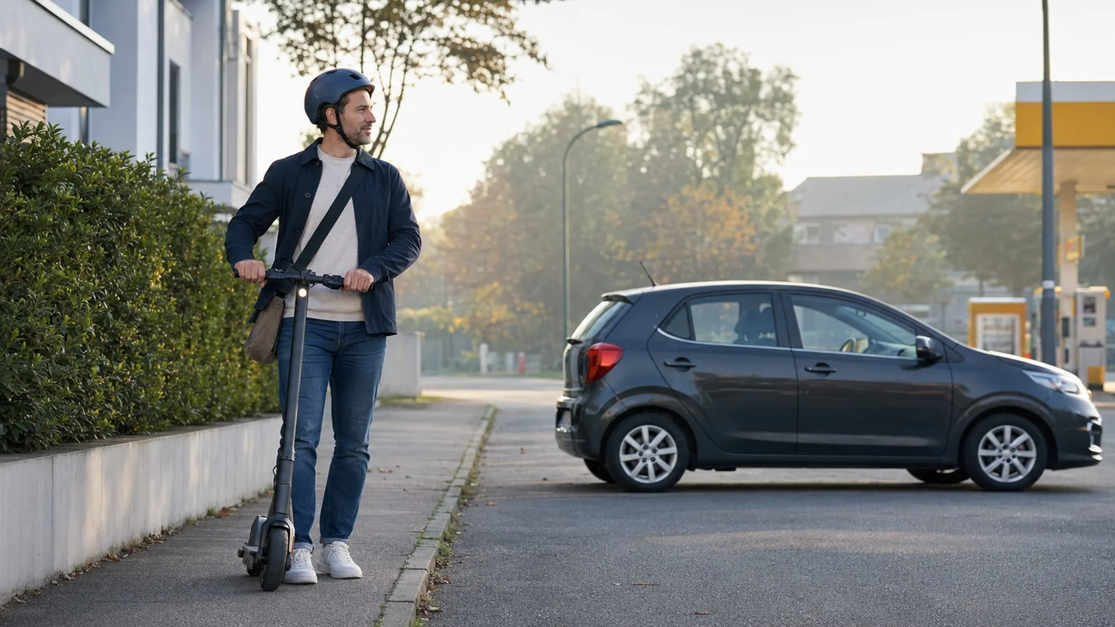 Mann auf einem E-Scooter neben einem Auto an einer Tankstelle