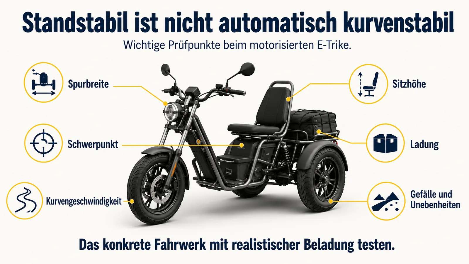 Vergleichsgrafik: ein Elektro-Trike steht stabil, ist deshalb aber nicht automatisch kurvenstabil beim Fahren