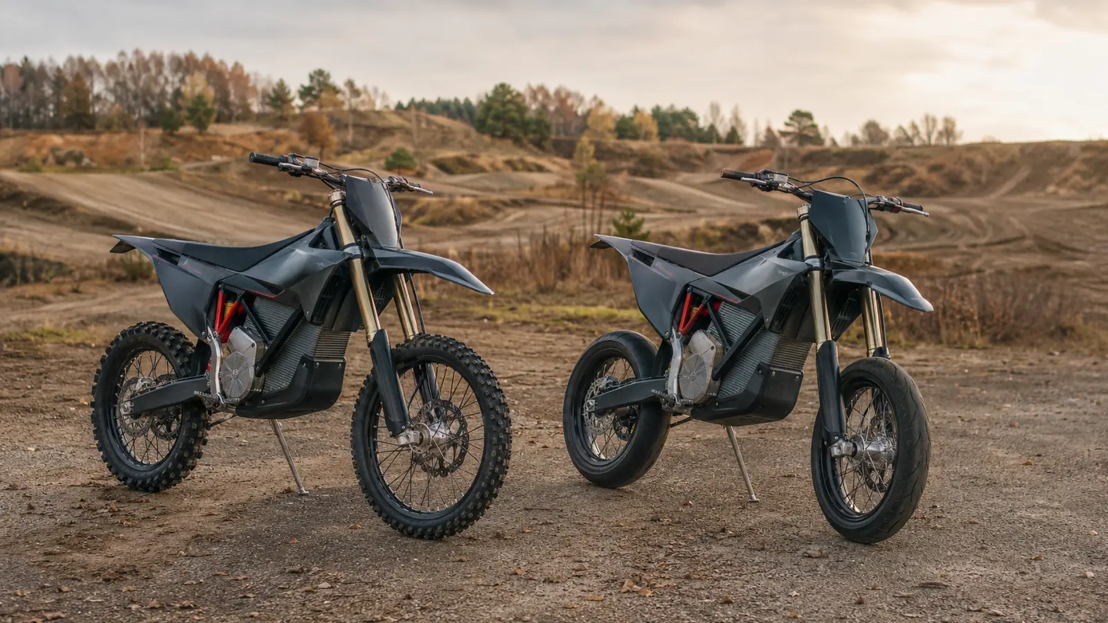 Stark VARG Enduro und Supermoto nebeneinander in neutralem Umfeld