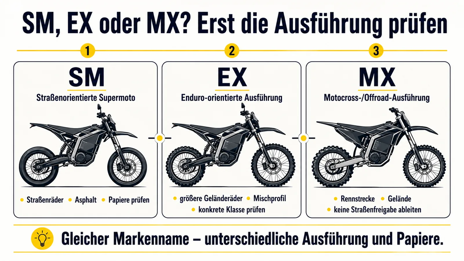 Unterschiede zwischen Supermoto-, Enduro- und Motocross-Ausführung am Beispiel einer elektrischen Motorradplattform