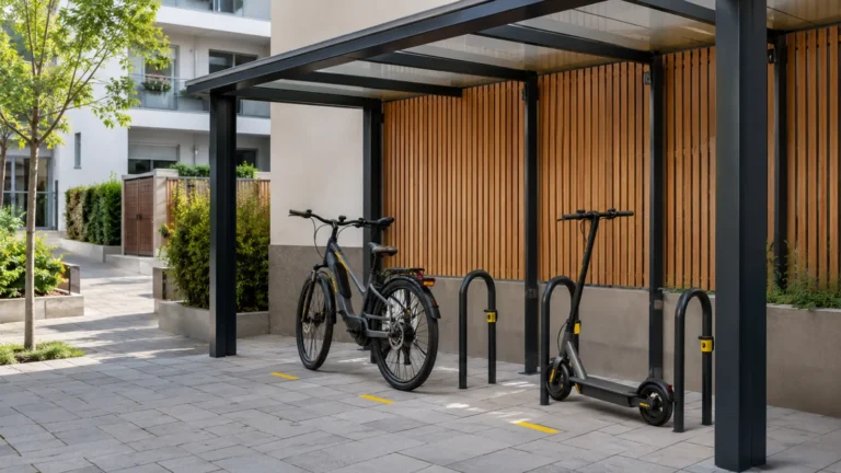 Überdachter Stellplatz für E-Bike und E-Scooter im Innenhof eines Mietshauses