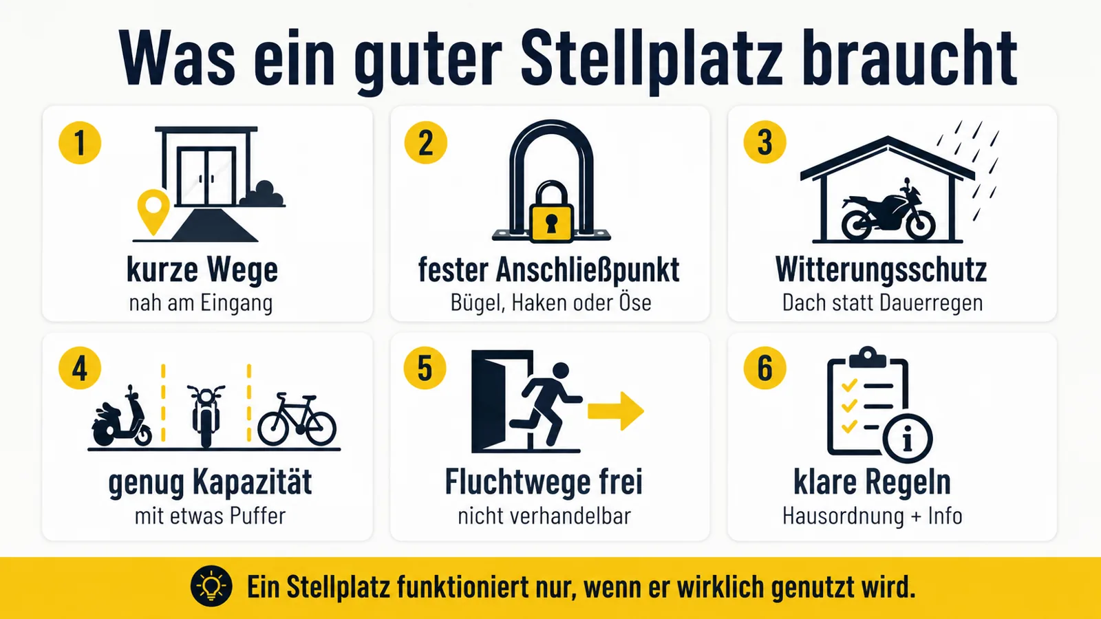Infografik zu Anforderungen an gute Stellplätze für E-Bikes und E-Scooter im Mietshaus