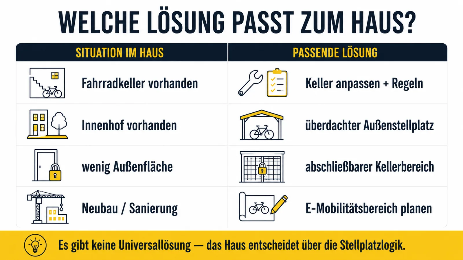 Infografik zu Stellplatzlösungen für E-Bikes und E-Scooter je nach Mietshaus