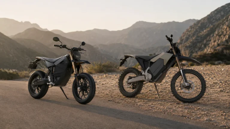 Zwei unterschiedliche elektrische Enduro-Motorräder auf festem Untergrund und Schotter als Symbol für Straßen- und Offroad-Versionen