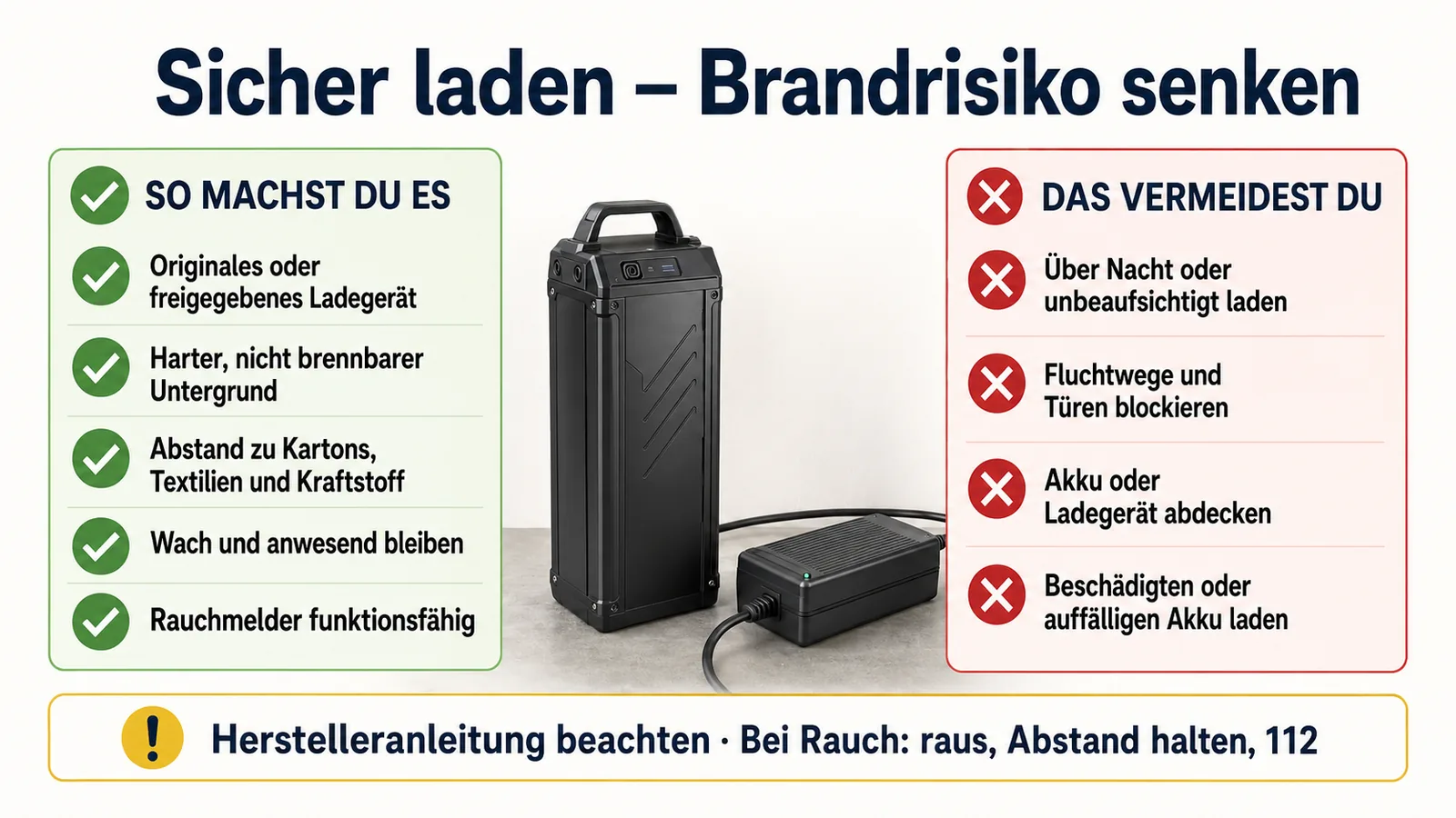 Brandschutz beim Laden: Abstand zu Brennbarem, Rauchmelder, Aufsicht bei der Erstladung, nicht unbeaufsichtigt über Nacht